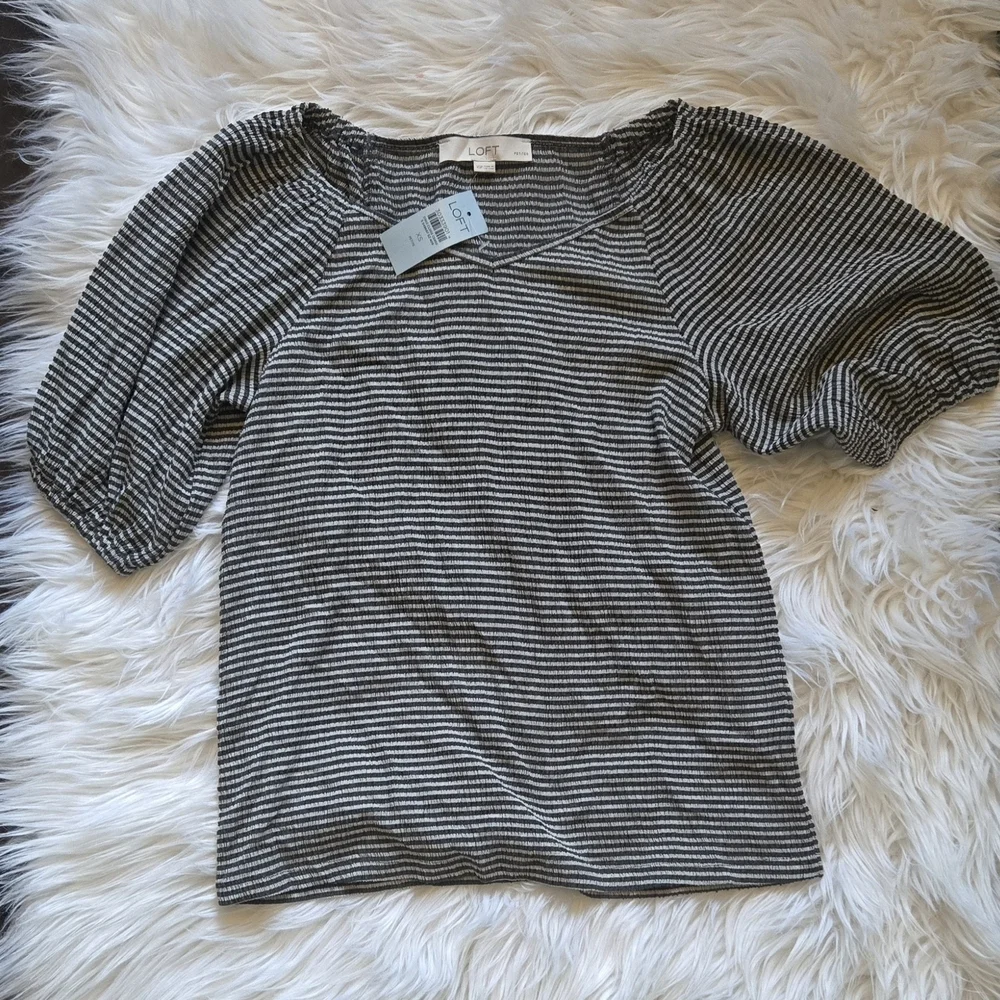 LOFT Black & White Striped Puff Sleeve Tee